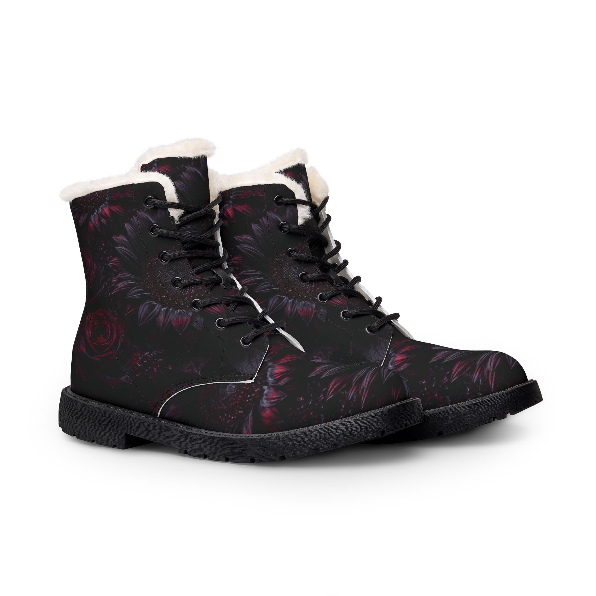 Dark Floral Rose Boots | Fur-Lined Leather Ankle Boots