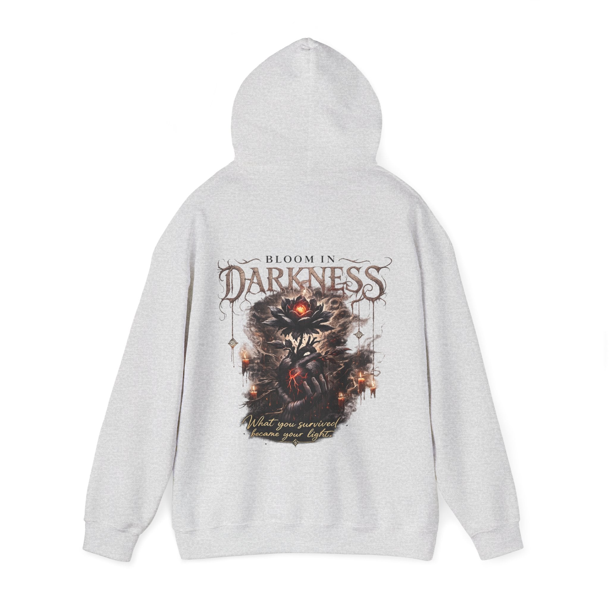Bloom in Darkness l Gothic Floral Heart Hoodie | Black Flower Back Print