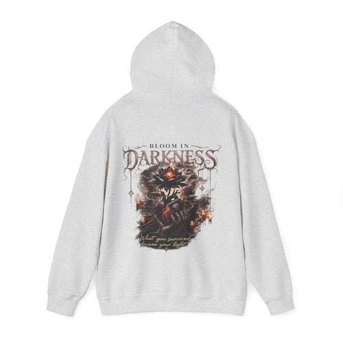 Bloom in Darkness l Gothic Floral Heart Hoodie | Black Flower Back Print