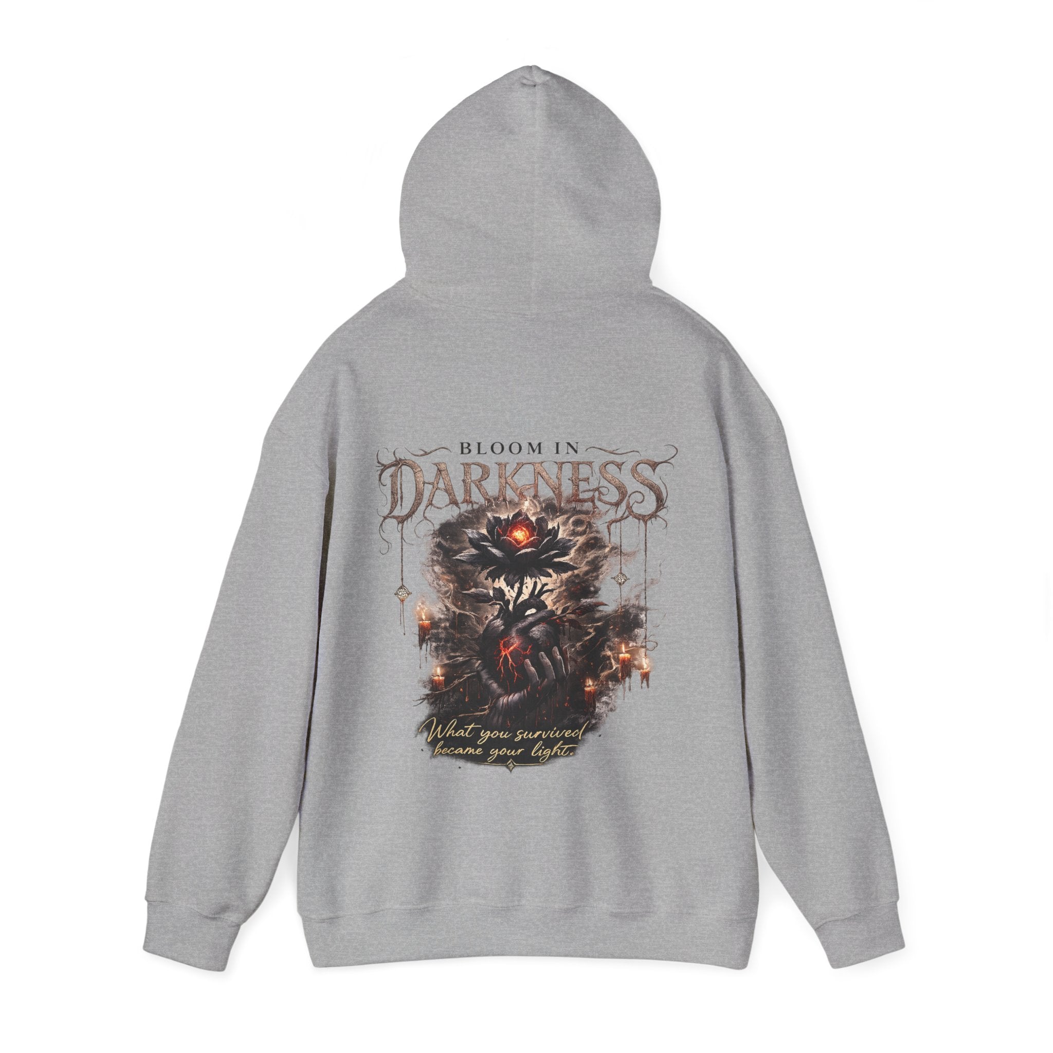 Bloom in Darkness l Gothic Floral Heart Hoodie | Black Flower Back Print