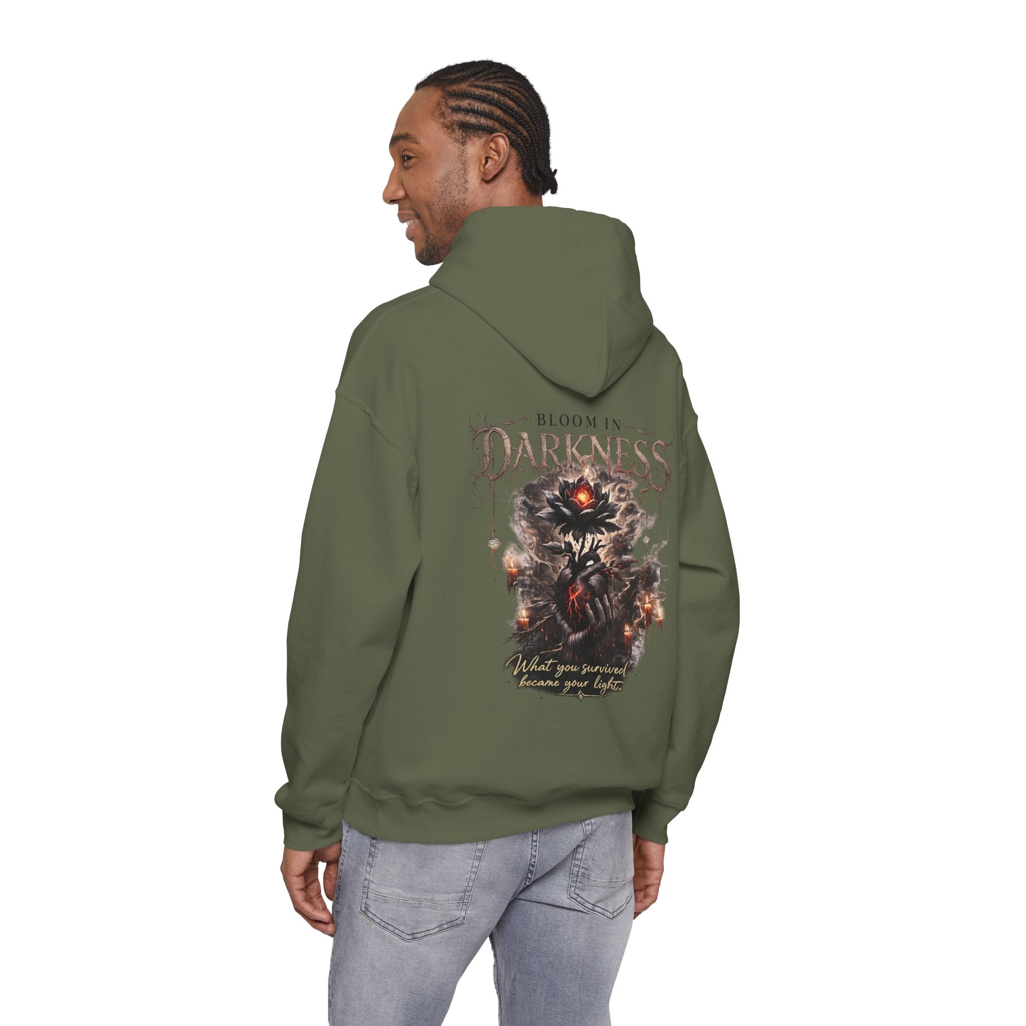 Bloom in Darkness l Gothic Floral Heart Hoodie | Black Flower Back Print