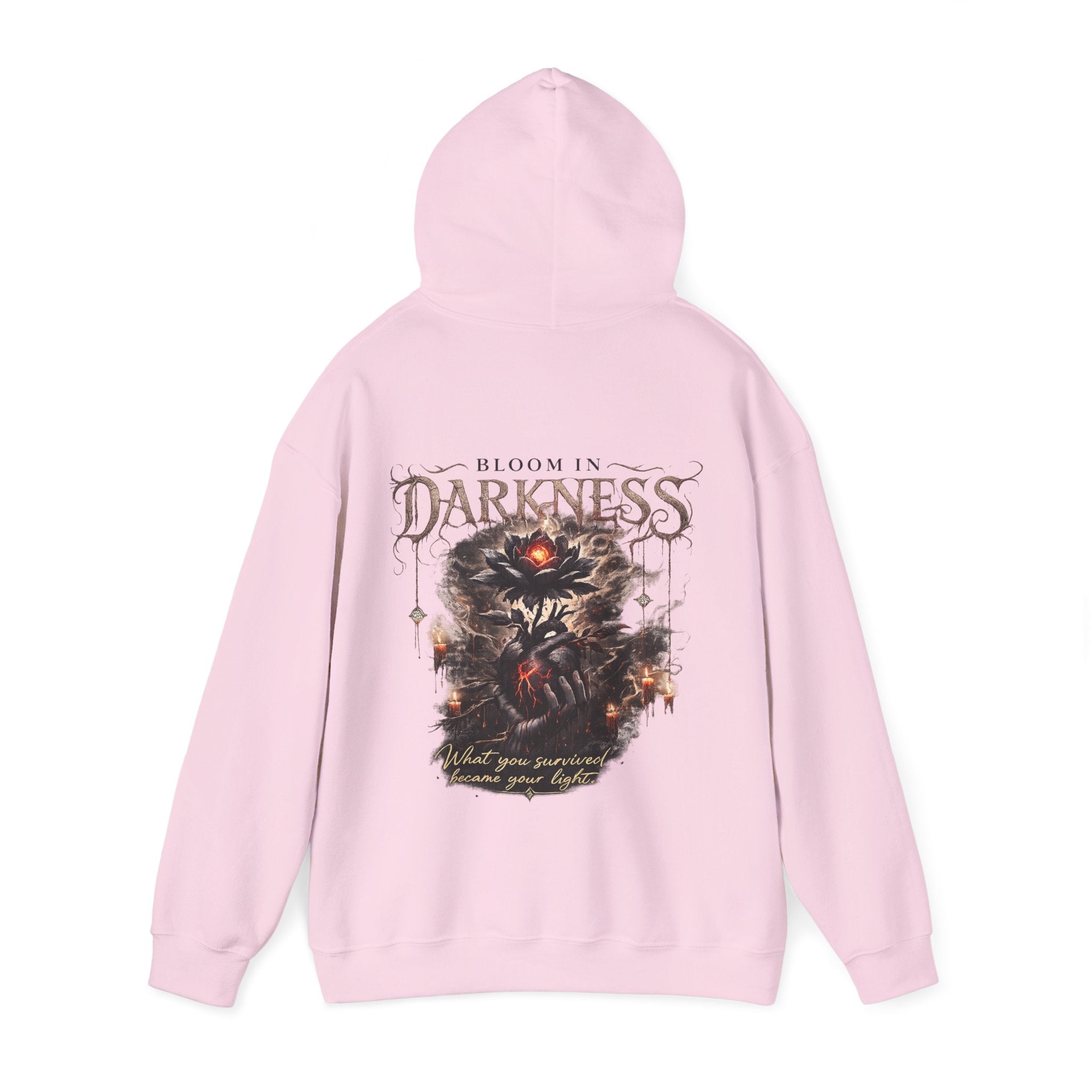 Bloom in Darkness l Gothic Floral Heart Hoodie | Black Flower Back Print