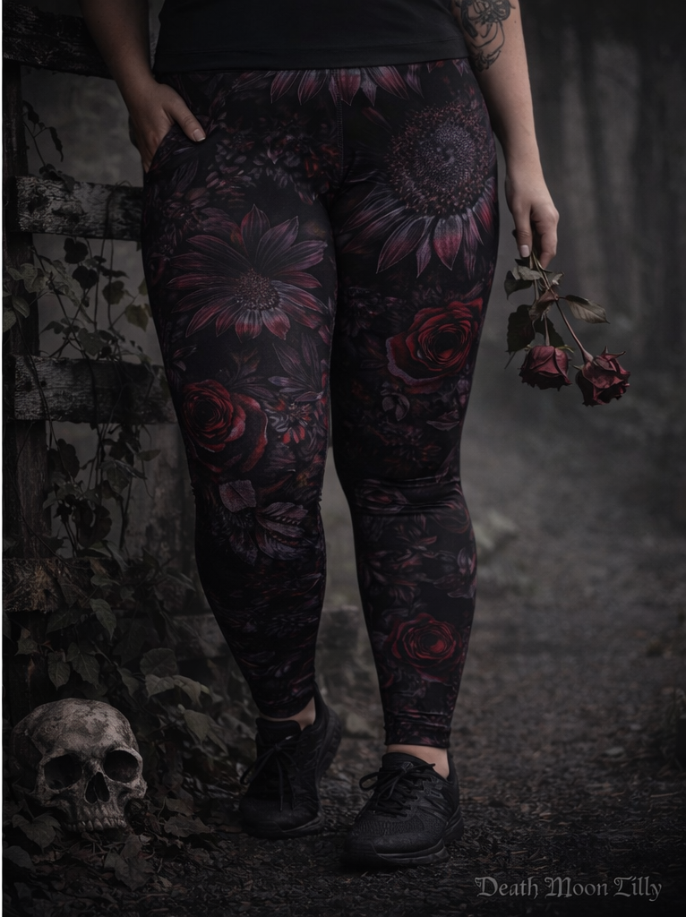 Dark Sunflower Rose Leggings | Dark Floral AOP Print