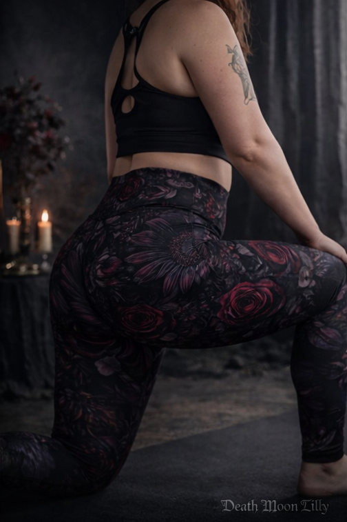 Dark Sunflower Rose Leggings | Dark Floral AOP Print