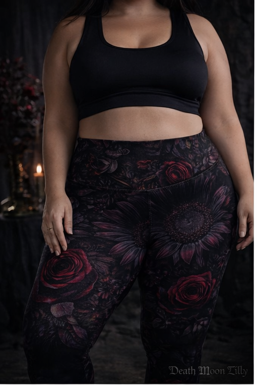 Dark Sunflower Rose Leggings | Dark Floral AOP Print