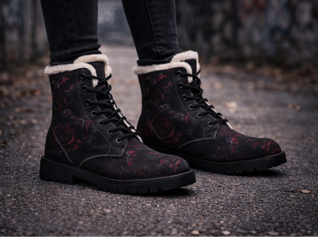 Dark Floral Rose Boots | Fur-Lined Leather Ankle Boots