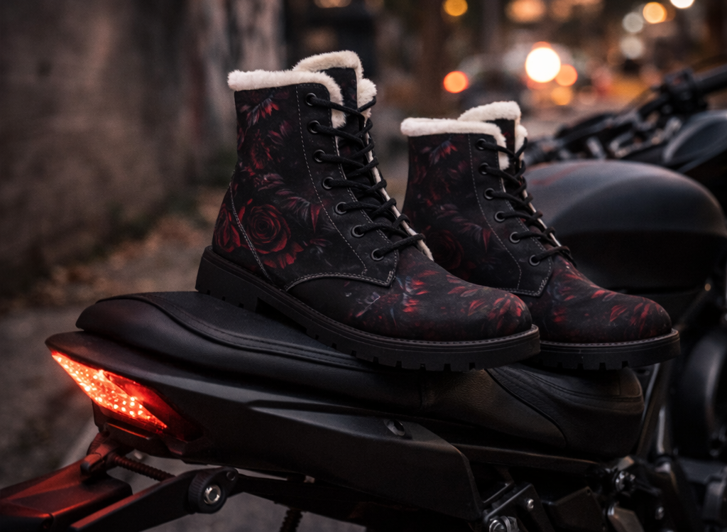 Dark Floral Rose Boots | Fur-Lined Leather Ankle Boots