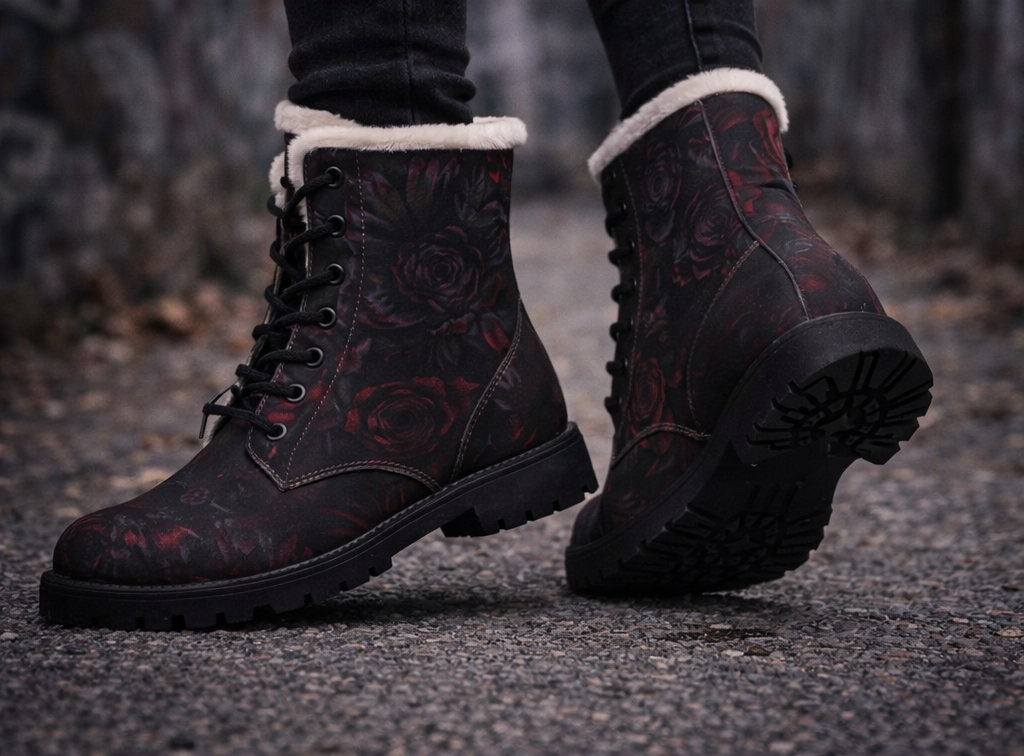 Dark Floral Rose Boots | Fur-Lined Leather Ankle Boots