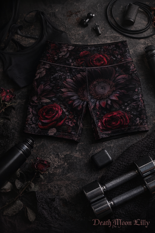 Deep Dark Sunflower Rose Yoga Shorts | Floral All-Over Print