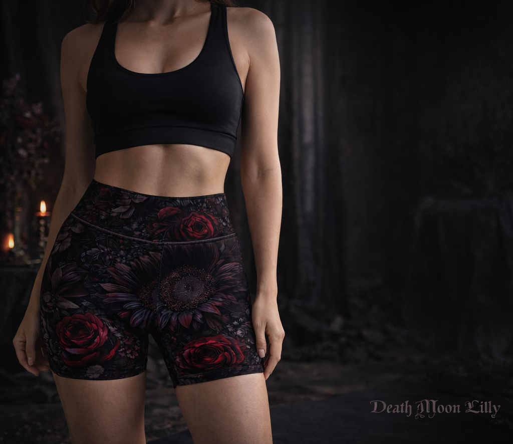 Deep Dark Sunflower Rose Yoga Shorts | Floral All-Over Print
