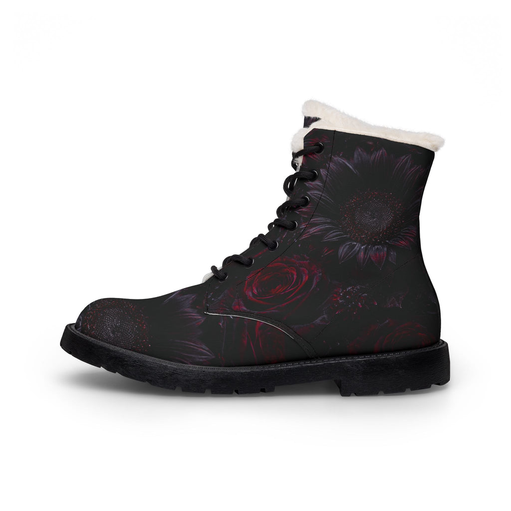 Dark Floral Rose Boots | Fur-Lined Leather Ankle Boots