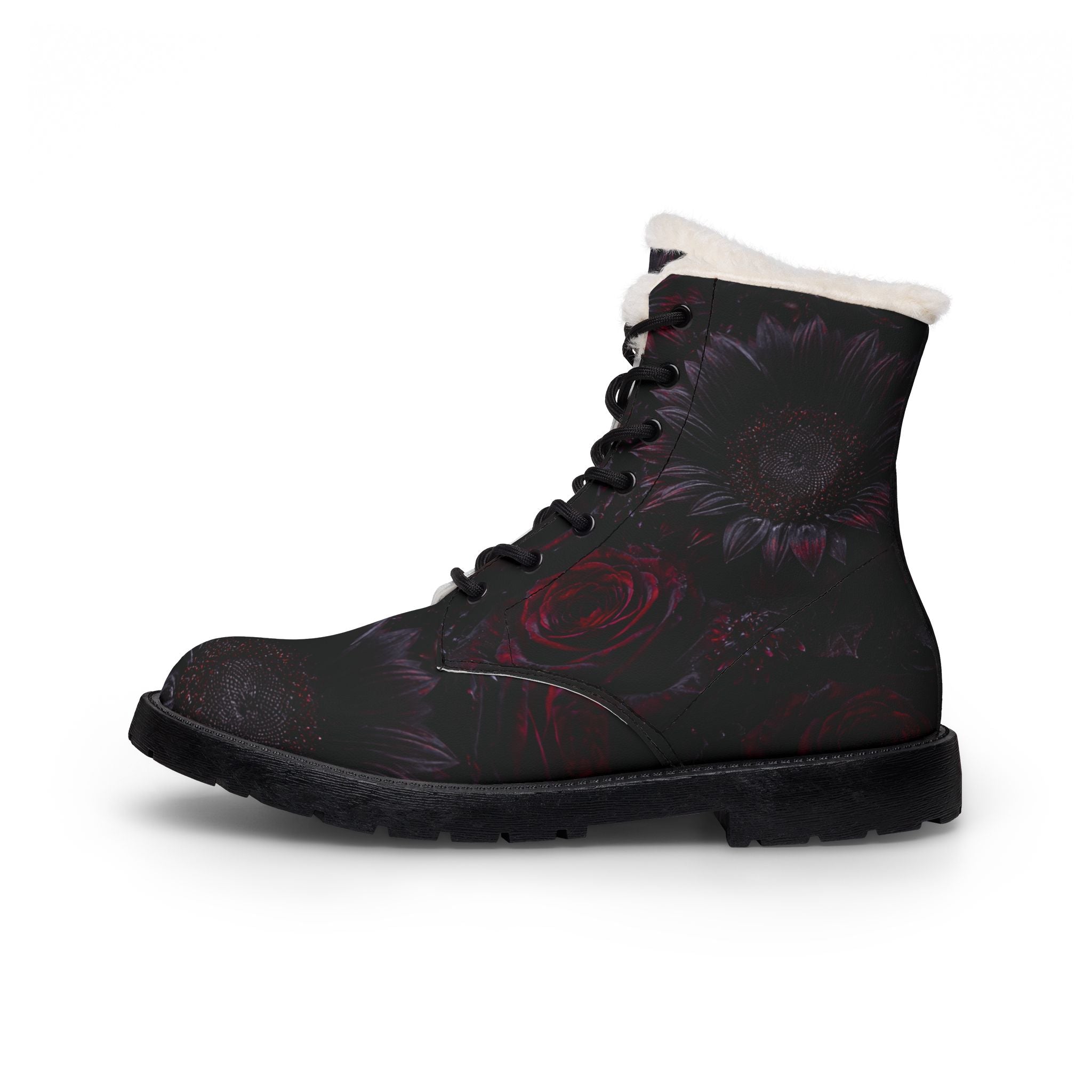 Dark Floral Rose Boots | Fur-Lined Leather Ankle Boots