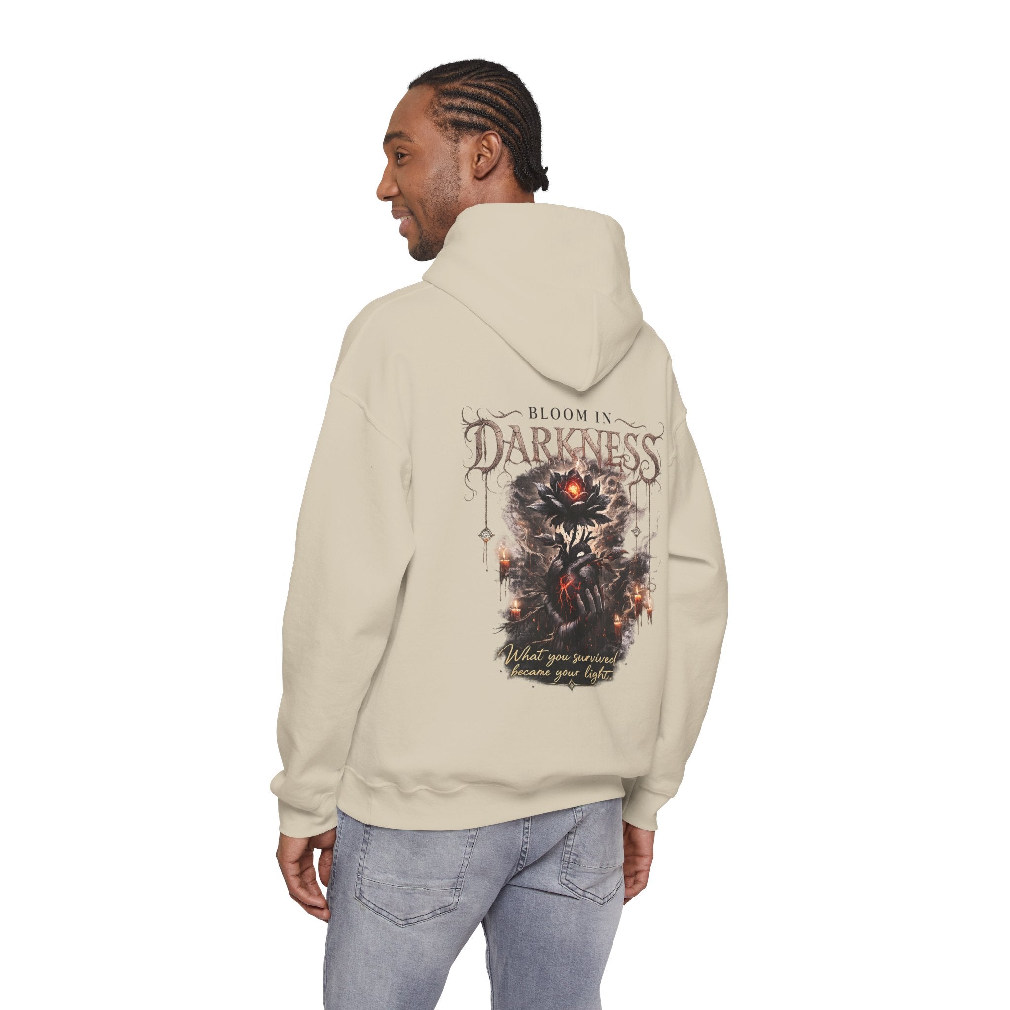 Bloom in Darkness l Gothic Floral Heart Hoodie | Black Flower Back Print