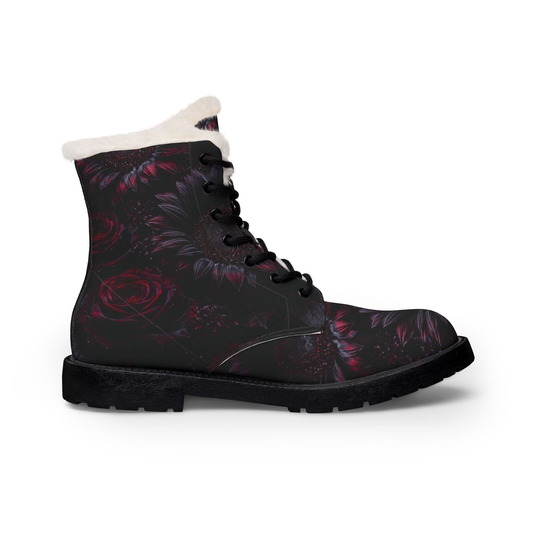 Dark Floral Rose Boots | Fur-Lined Leather Ankle Boots
