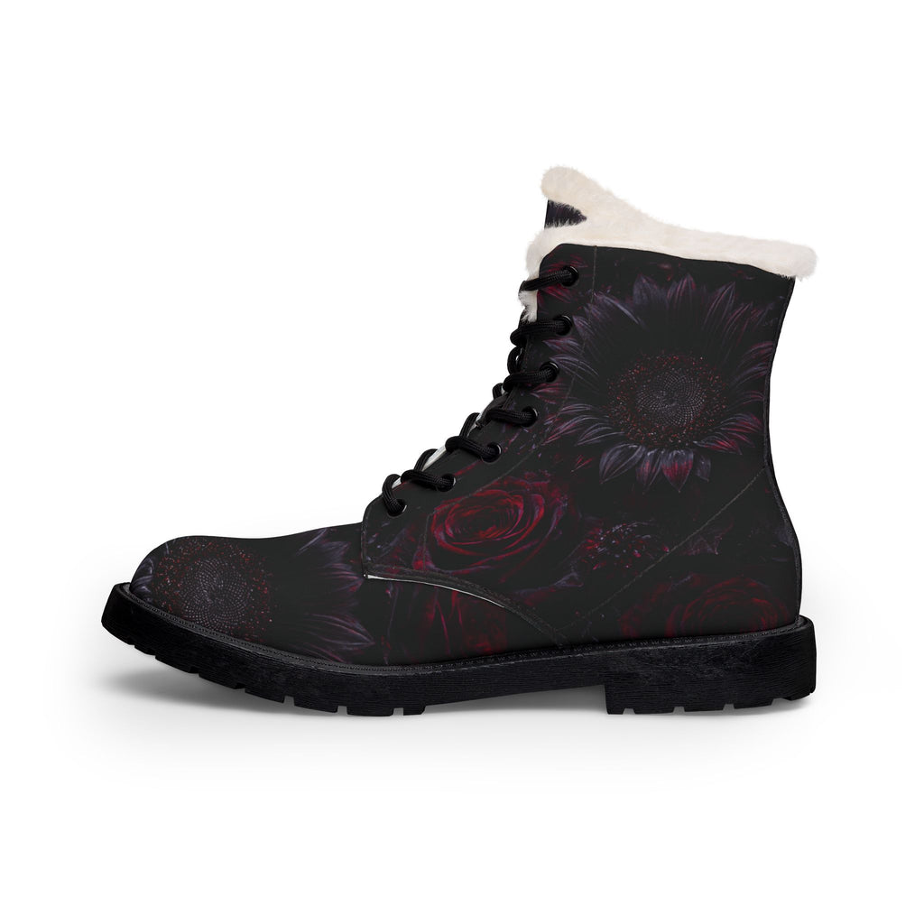 Dark Floral Rose Boots | Fur-Lined Leather Ankle Boots